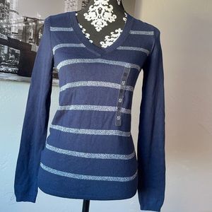 Tommy Hilfiger Women's Sweater Extra Small Navy Blue Silver Stripe